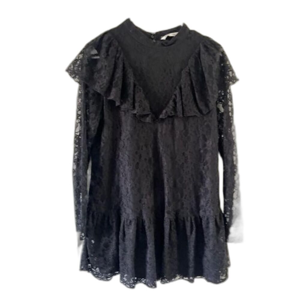 Zara Black Lace Mini Dress With Ruffled Yoke & Sheer Sleeves Size M - Picture 8 of 8